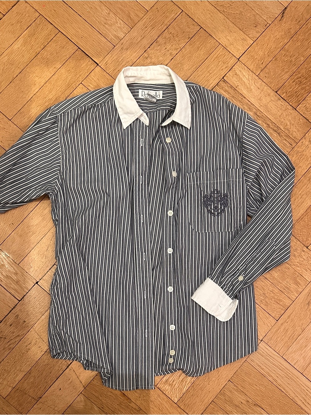 Striped Button-Up Shirt with Contrast Collar - White & Navy